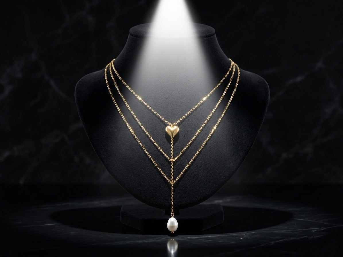 Triple Layered Heart-Pearl Drop Necklace